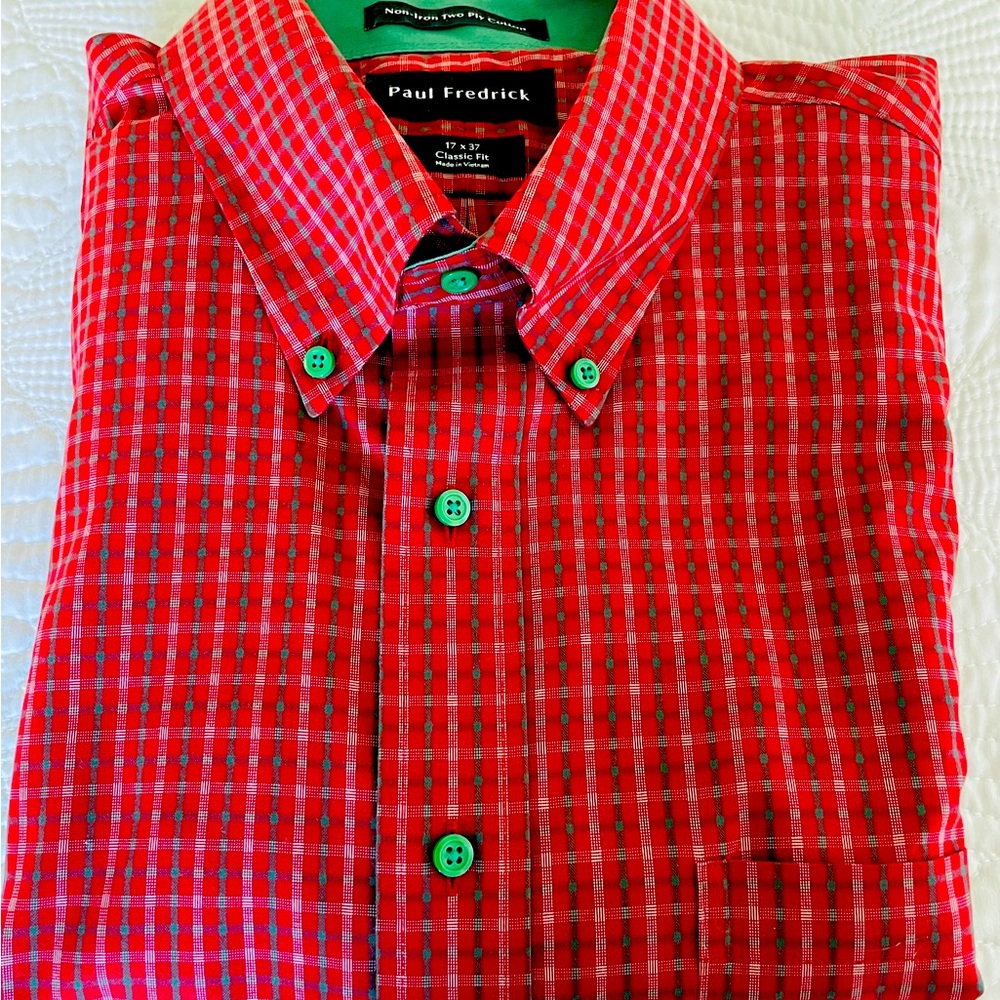 Paul Fredrick Cotton Red Check Classic Fit Men’s Dress Shirt NWOT